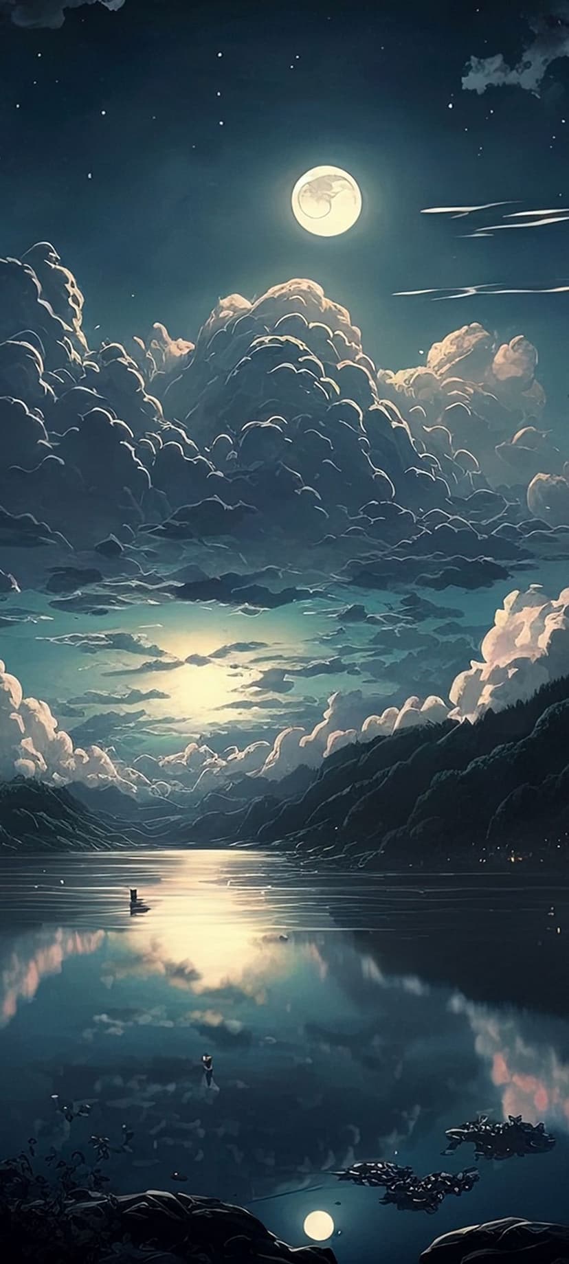 Full moon illuminating billowy clouds and a quiet lake with a lone boat and dark mountain silhouettes.