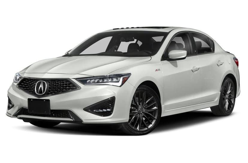 White Acura ILX A-Spec luxury sedan with dark grey alloy wheels and diamond grille on a plain white background.