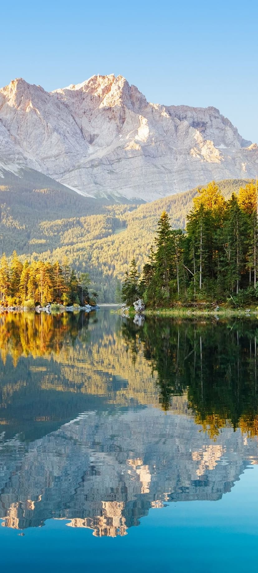 Jagged mountain peaks glow with golden dawn light and reflect in a glassy lake bordered by autumn pine forests.