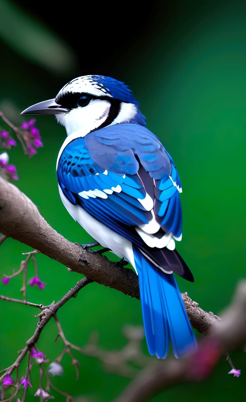 Blue jay bird with azure plumage perched on a mossy branch near soft purple flowers and green foliage.