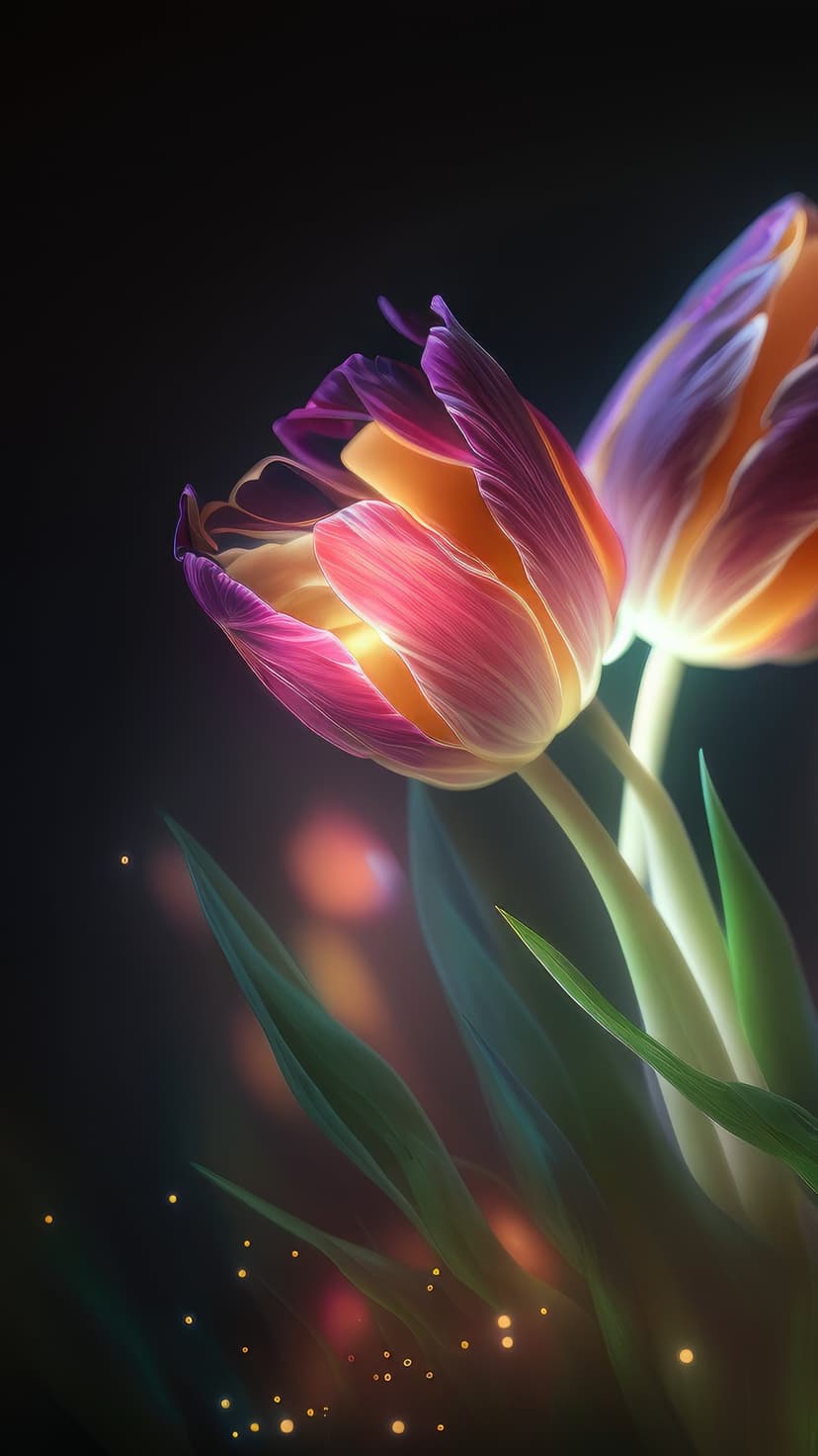 Two glowing tulips in purple and orange shades surrounded by golden bokeh lights against a dark background.