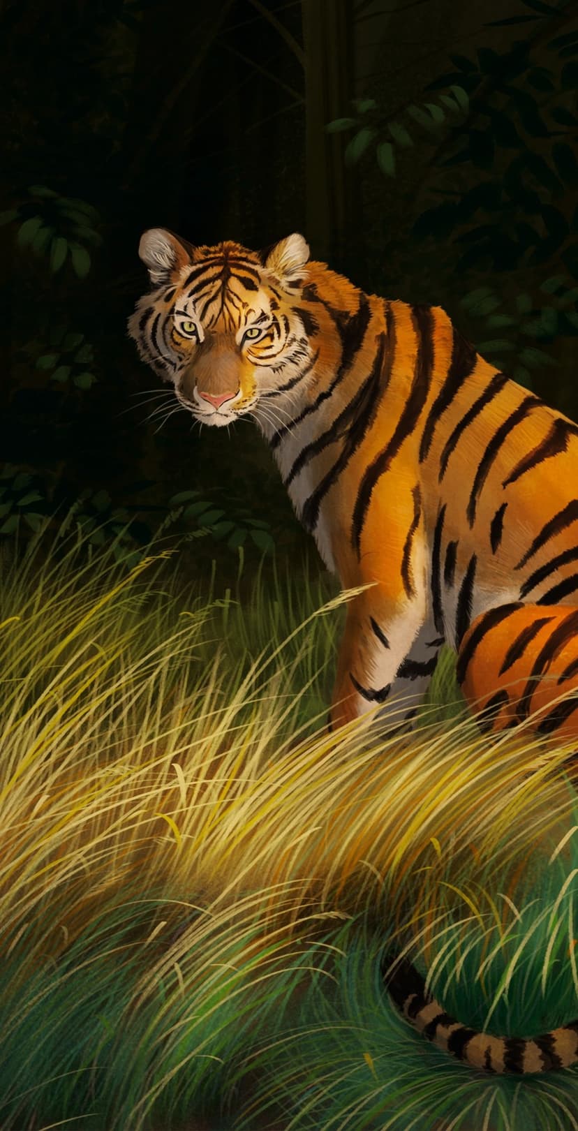 Tiger with orange and black fur prowls through tall green grass against a dark, shadowy forest background.