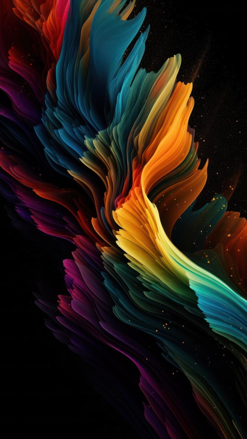 Intertwining ribbons of red, blue, and purple paint swirl among golden sparkles against a solid black backdrop.