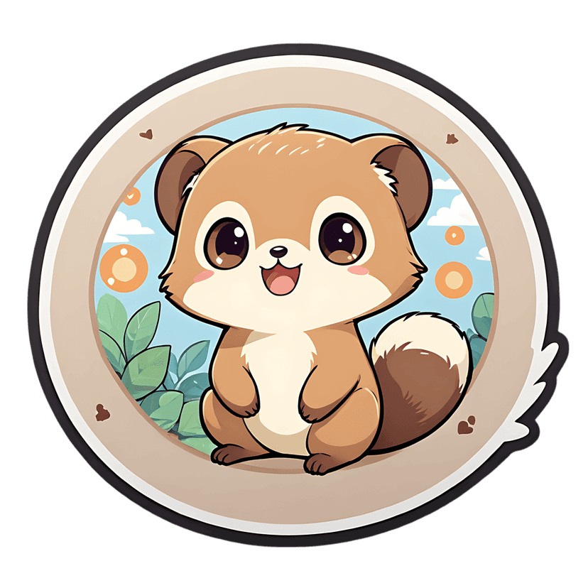 Chipmunk sticker illustration featuring a brown rodent inside a circular frame with blue sky and green leaves.