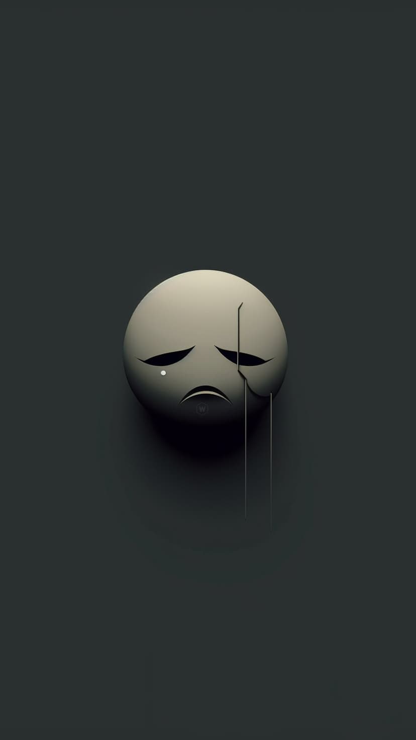 Minimalist 3D sad face with a white tear and downturned mouth against a dark gray background with soft shadows.