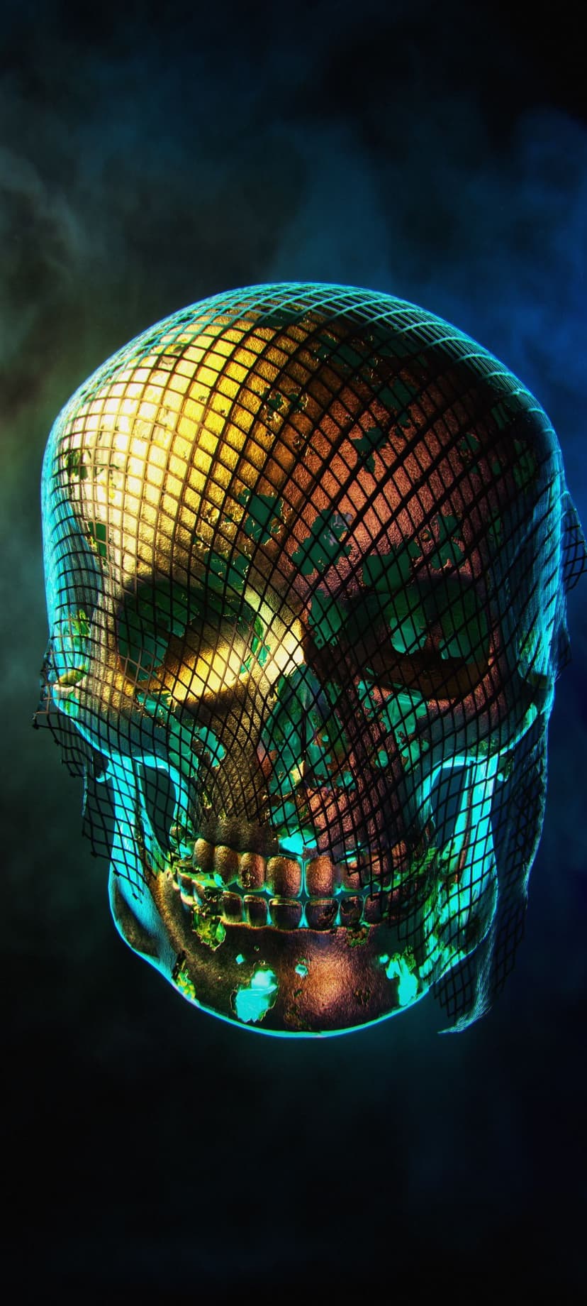 Human skull covered in mirrored disco ball tiles glows under vivid blue and yellow lights amidst thick dark fog.