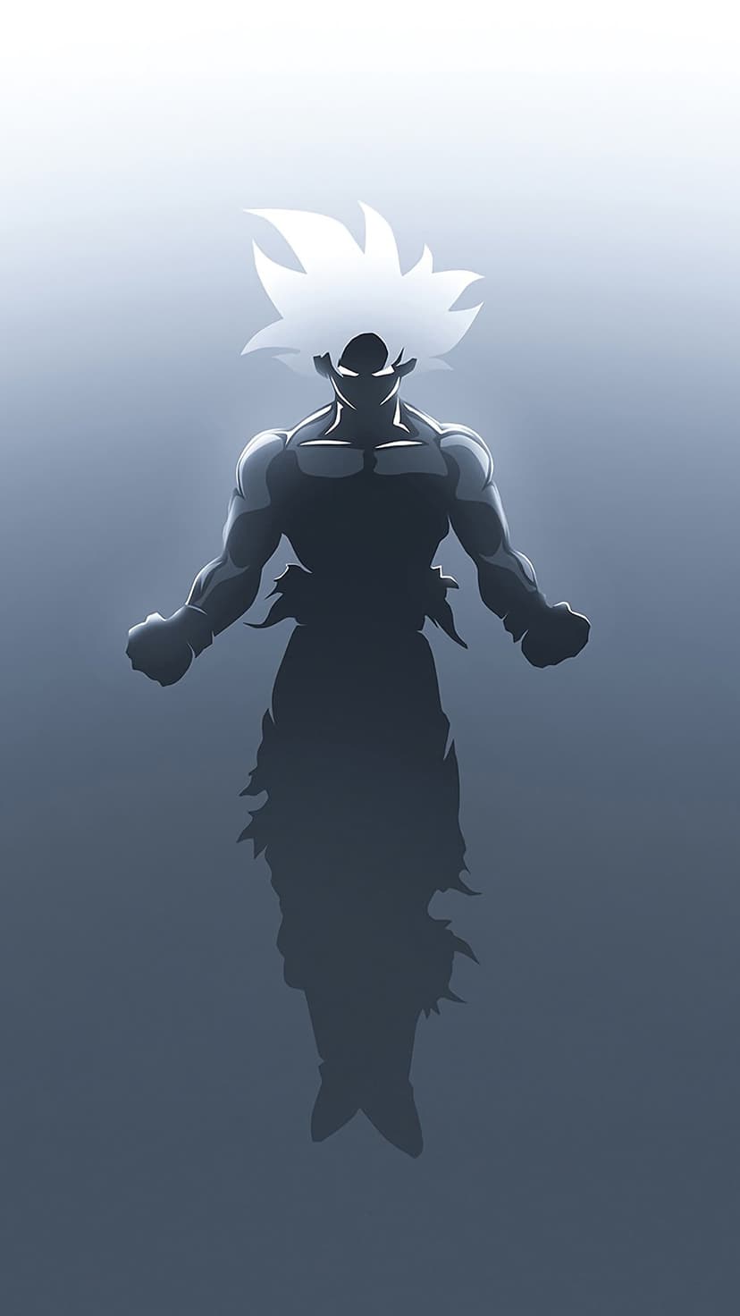 Goku in Ultra Instinct form appears as a dark silhouette with glowing white hair and a soft gradient background.