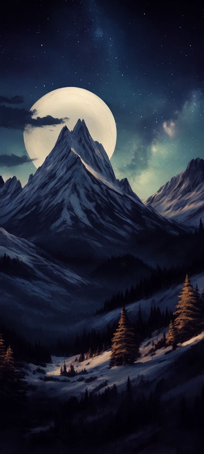 Snow-capped mountain peaks under a giant full moon and starry sky with dark pine tree silhouettes in the foreground.