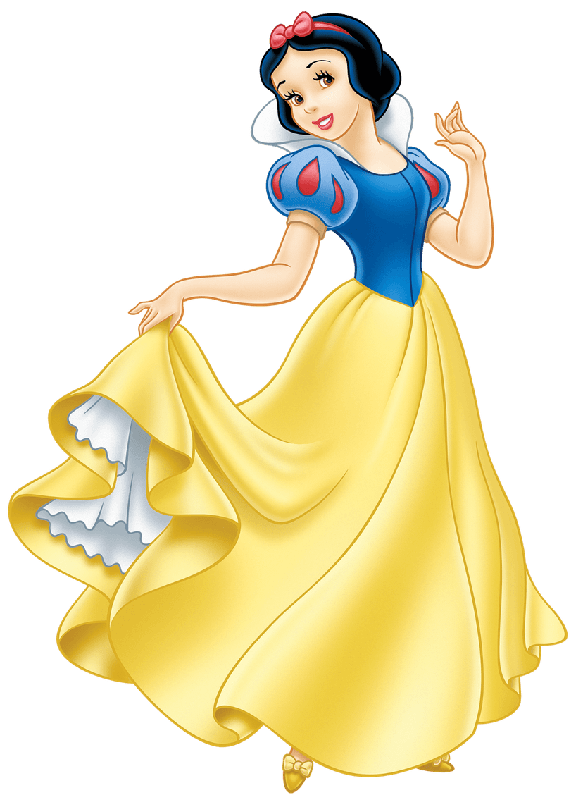 Snow White and seven dwarfs stand together in a classic cartoon illustration against a blue background.