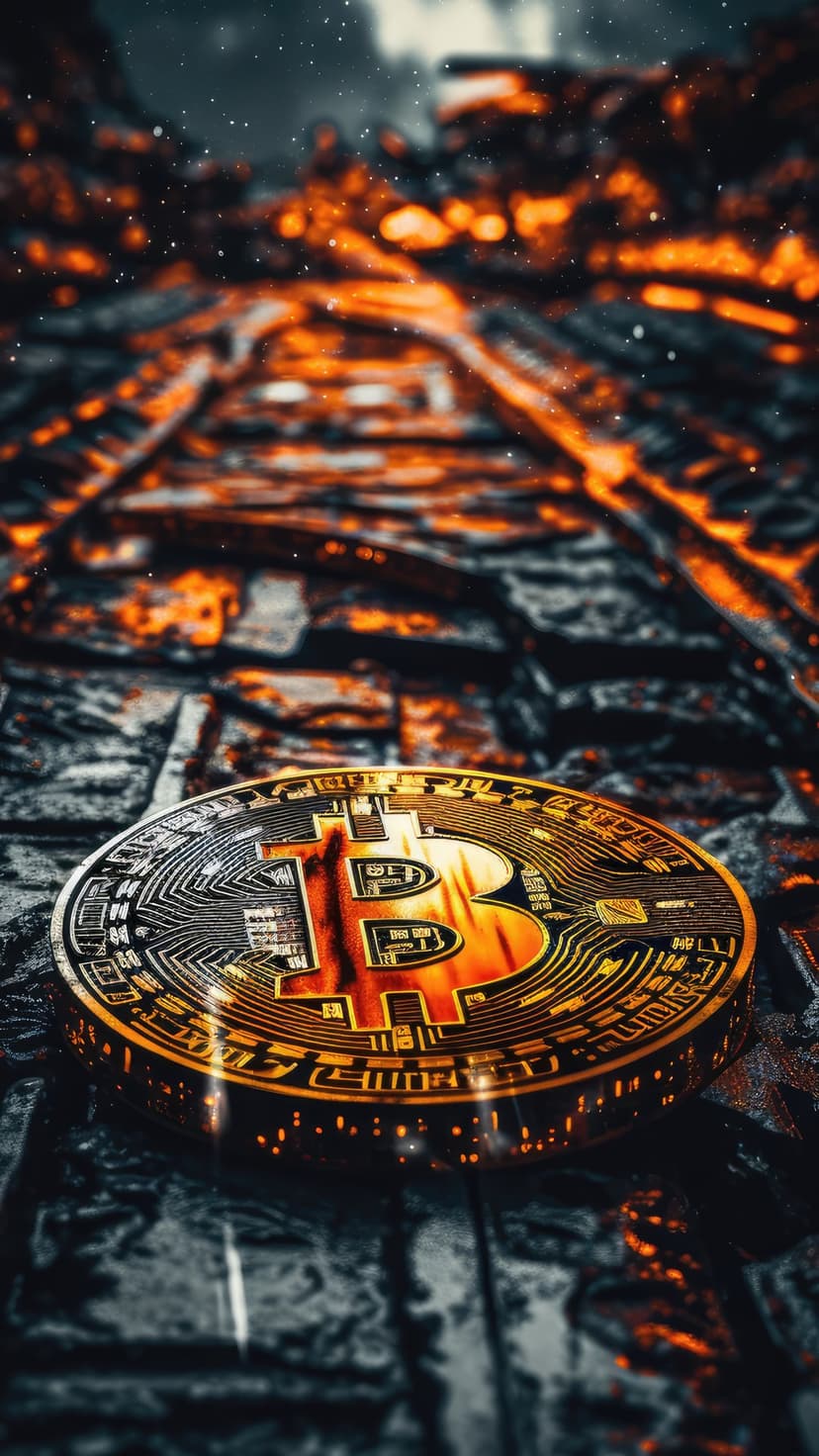 Gold Bitcoin coin sits on dark textured rails surrounded by glowing orange embers and blurred red light.