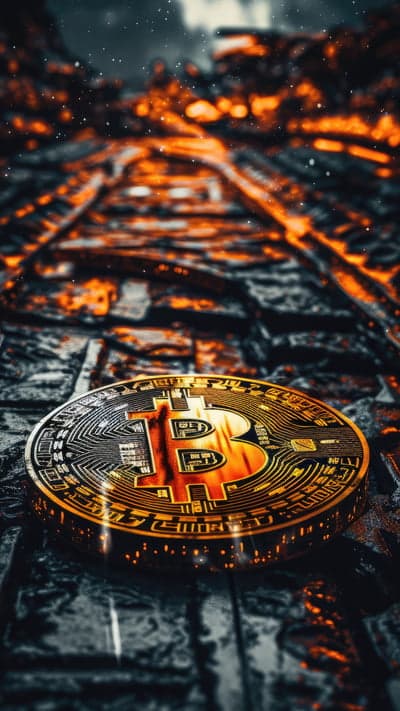 Bitcoin on Fiery Train Tracks - Digital Currency Concept
