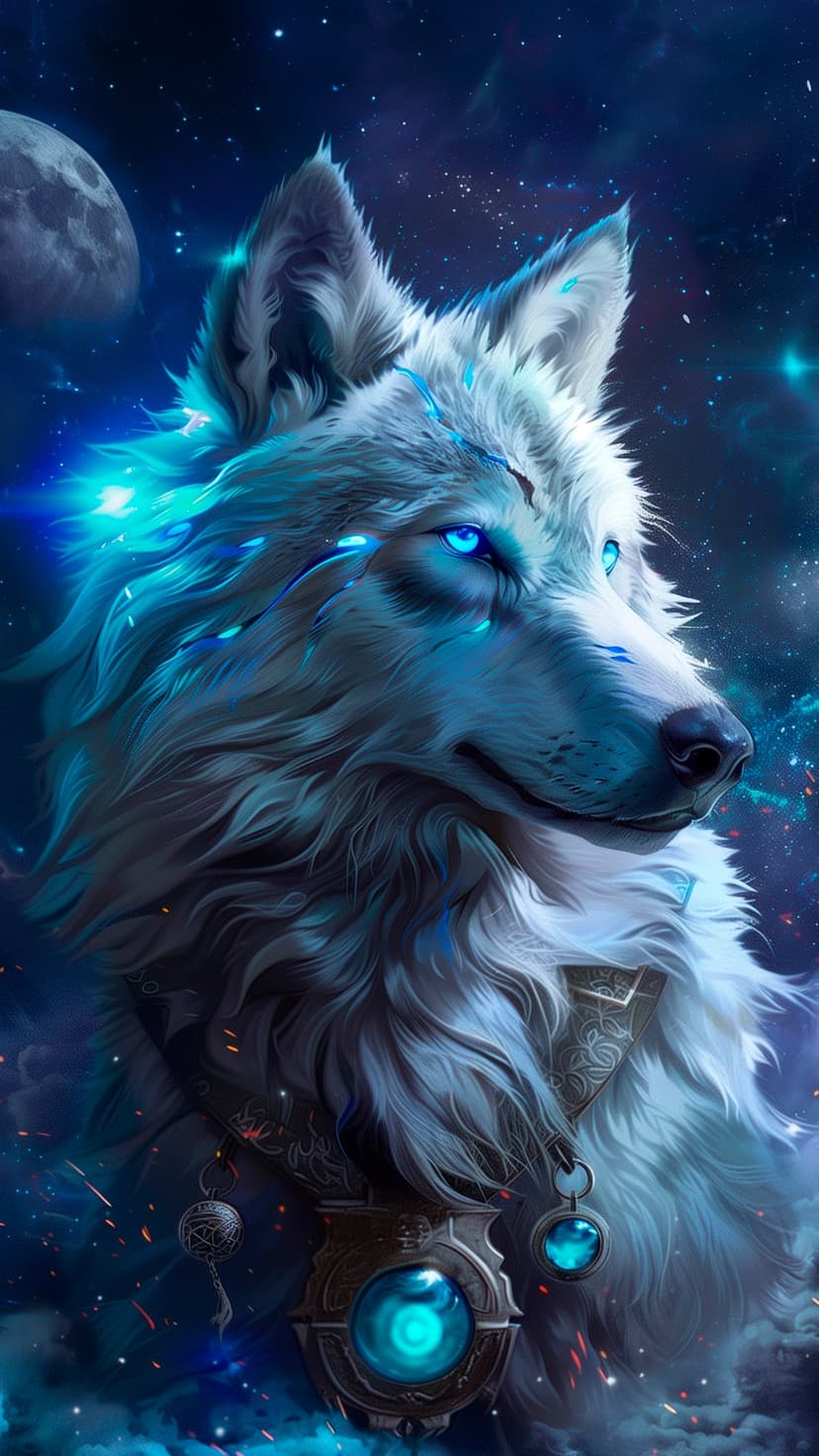 White wolf with glowing blue eyes stands before a full moon and starry nebula in a vertical night sky view.