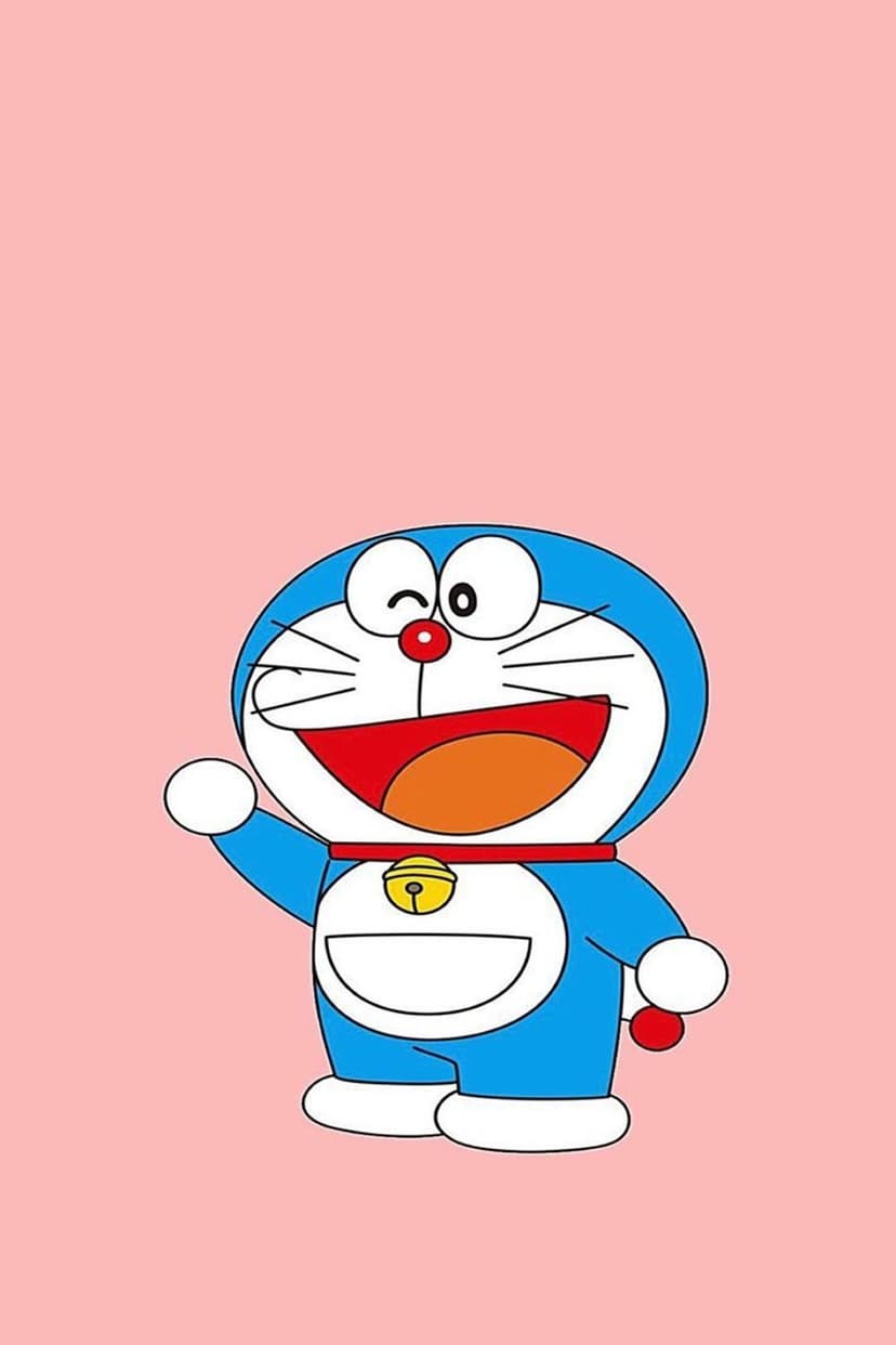 Doraemon the blue robot cat winks and waves with a joyful smile against a solid soft pink background.