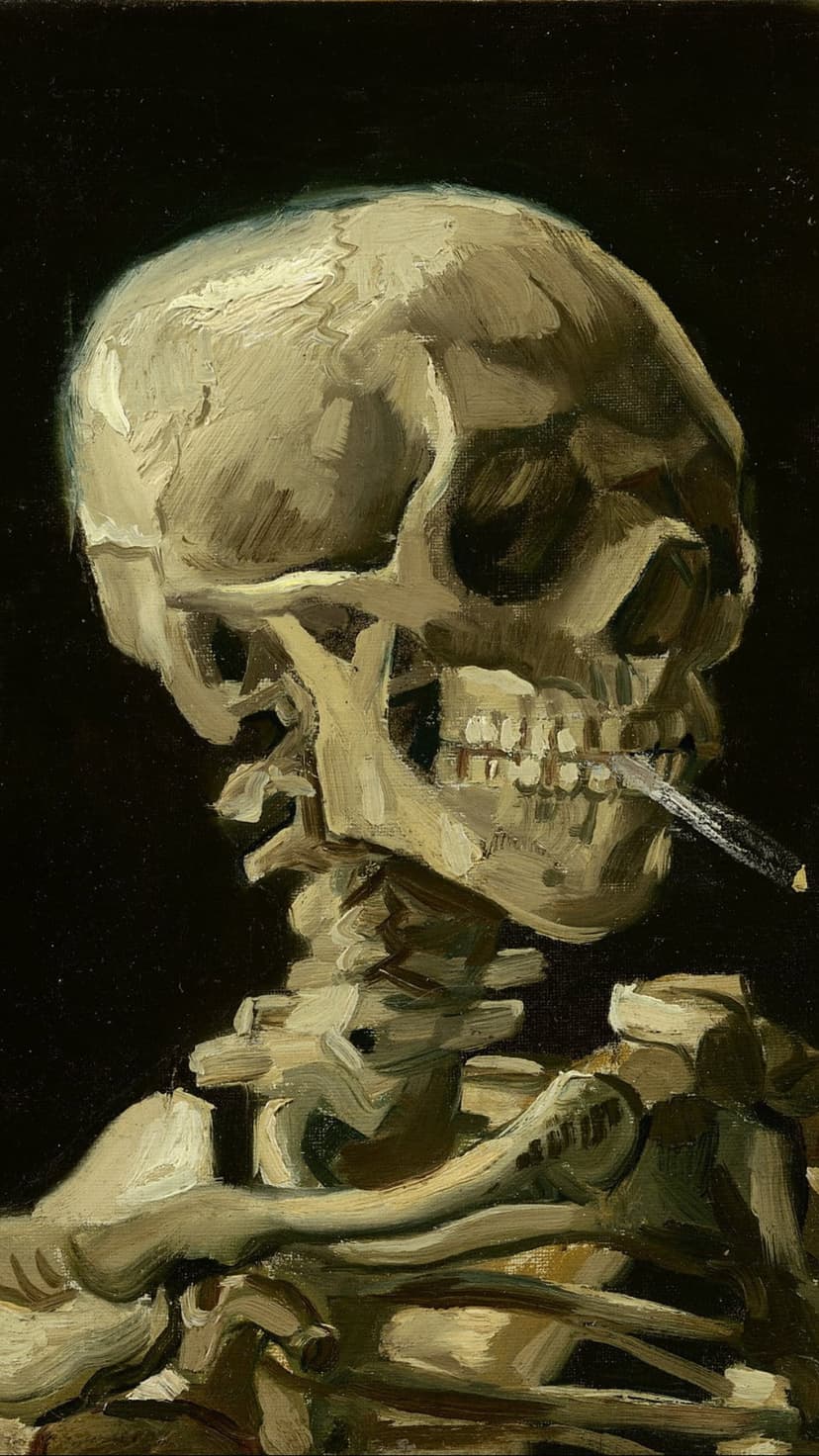 Skeleton skull with a glowing cigarette between its teeth against a dark background with heavy textures.