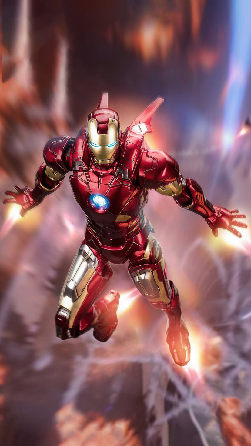 Iron Man in red and gold armor fires blue energy blasts from his palms amidst a fiery orange and teal sky.