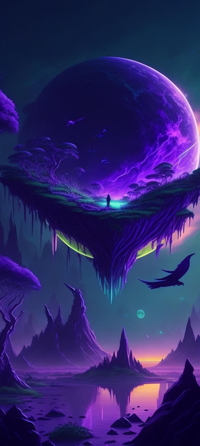 Giant purple planet rising behind a floating island with a small silhouette figure and flying creatures.