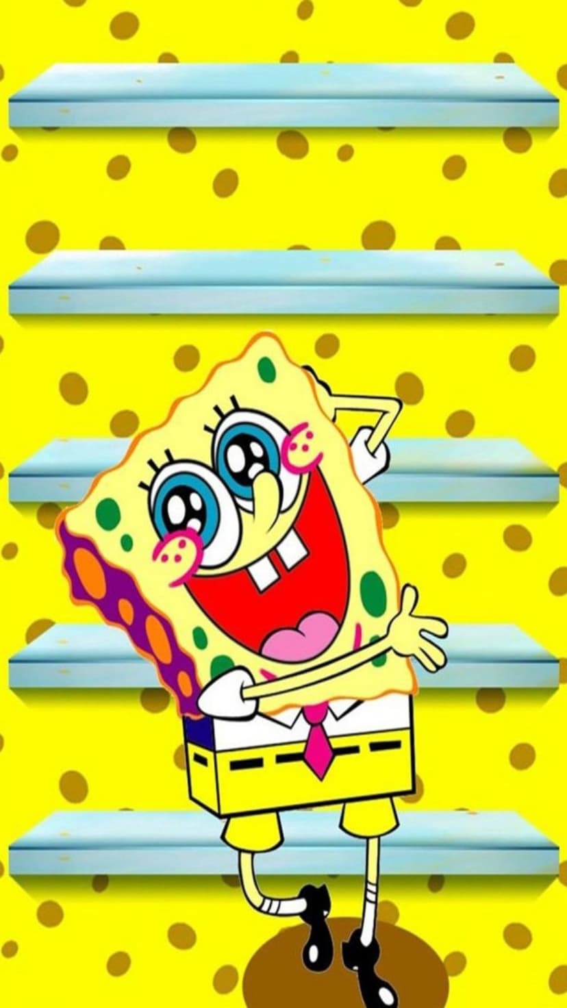 SpongeBob SquarePants stands on a yellow polka-dot background featuring three horizontal blue floating shelves.