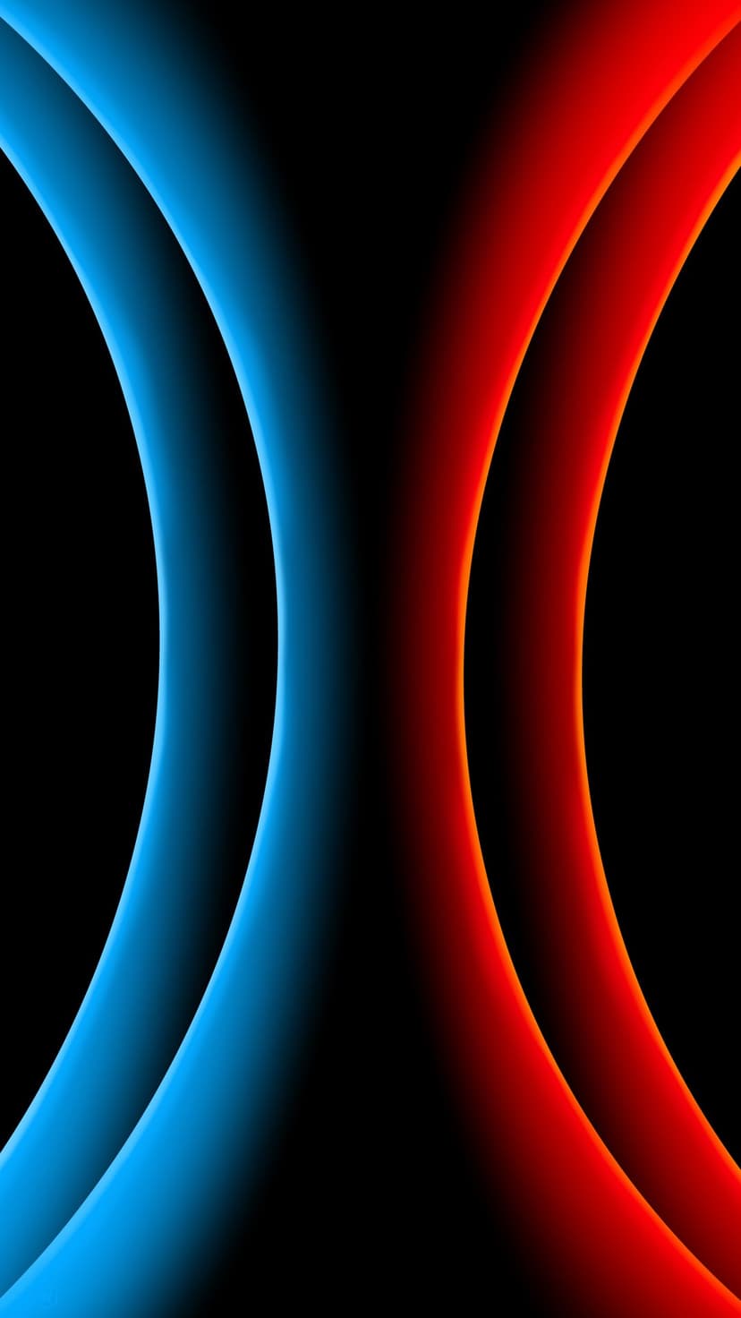 Glowing blue and red rings center a deep black background with radiant light and smooth neon gradients.