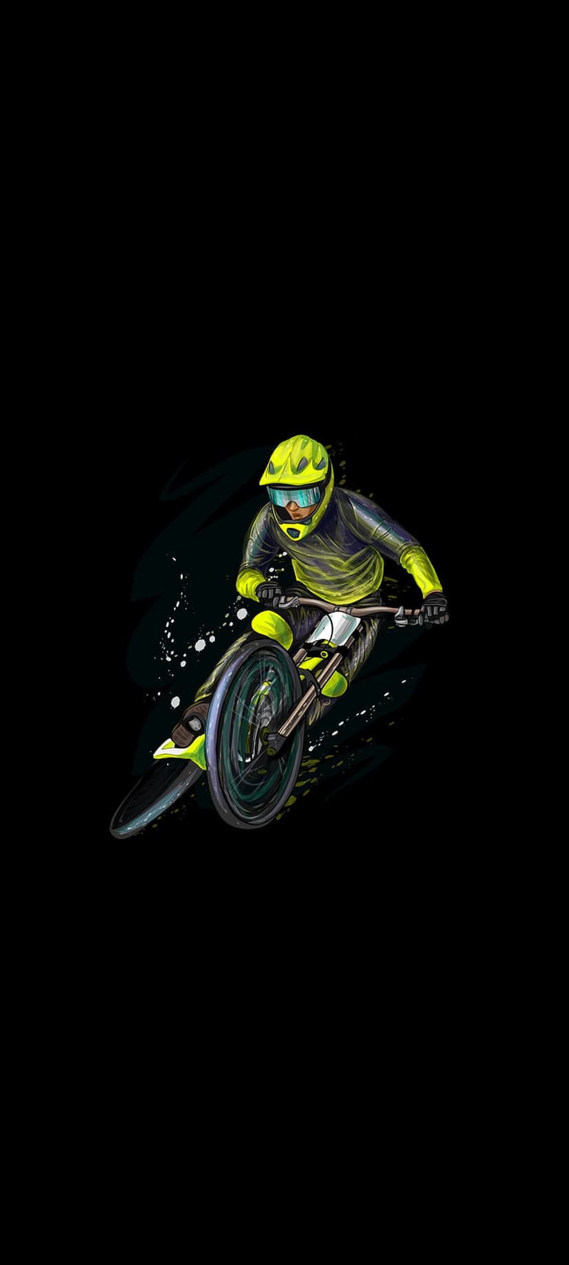 Downhill mountain biker in a neon yellow helmet racing through vibrant color splashes against a black background.