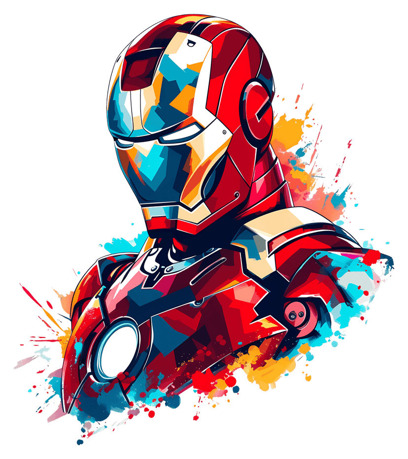 Iron Man superhero armor graphic features red gold metallic plating with a glowing blue circular chest reactor.