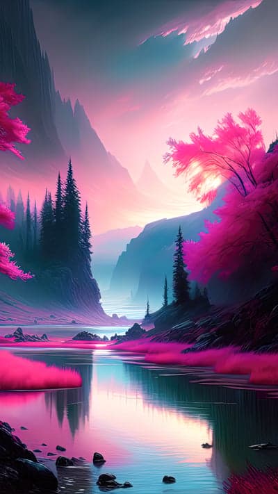 Surreal Pink Mountain Landscape with Reflecting Lake