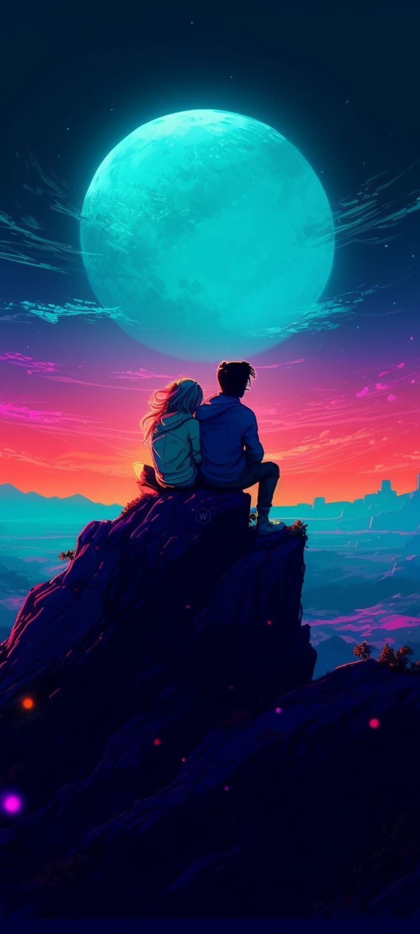 A couple sits on a rocky cliff edge facing a massive glowing teal moon and a vibrant orange sunset sky.