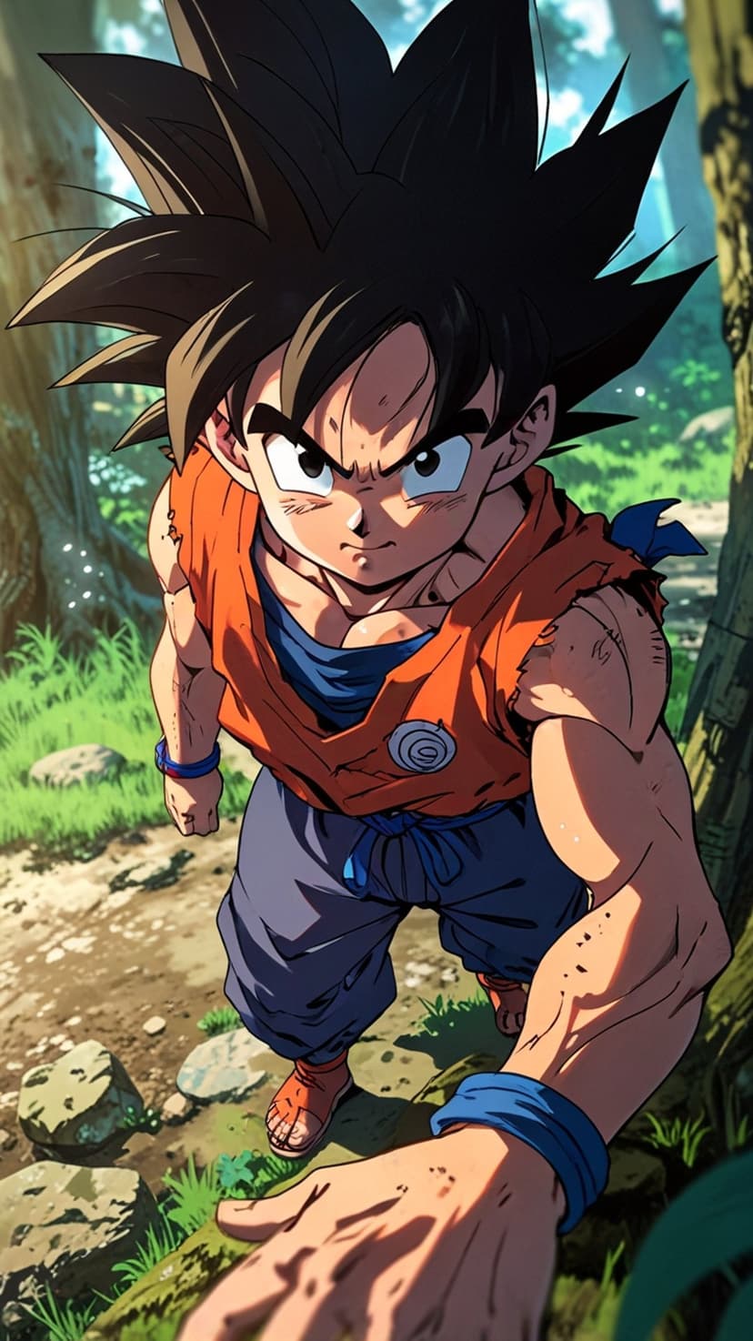 Goku in an orange gi stands firmly on rocky forest ground with a determined look and spiky black hair.