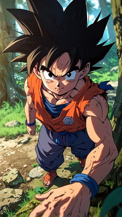 Goku Prepared for Battle in Forest Mobile Wallpaper