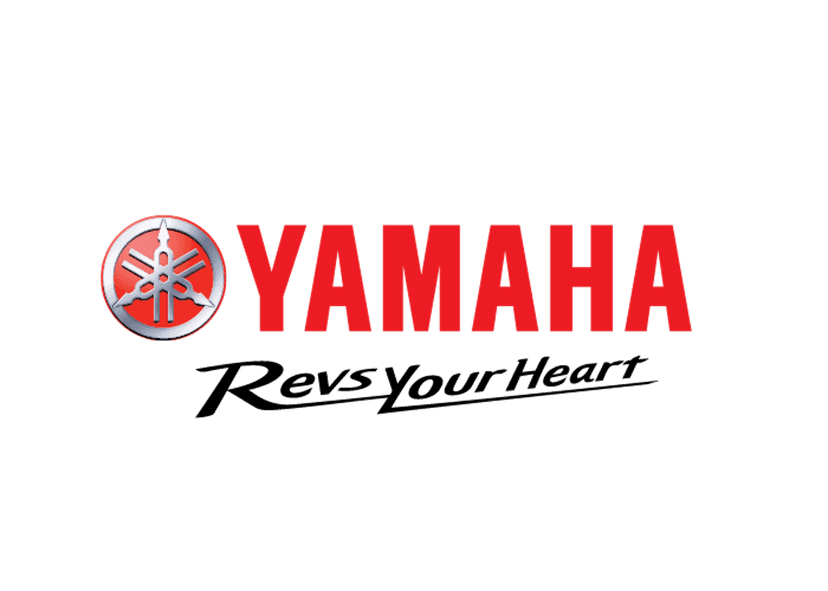 Yamaha Revs Your Heart logo featuring red script text and a circular tuning fork icon on a clear background.