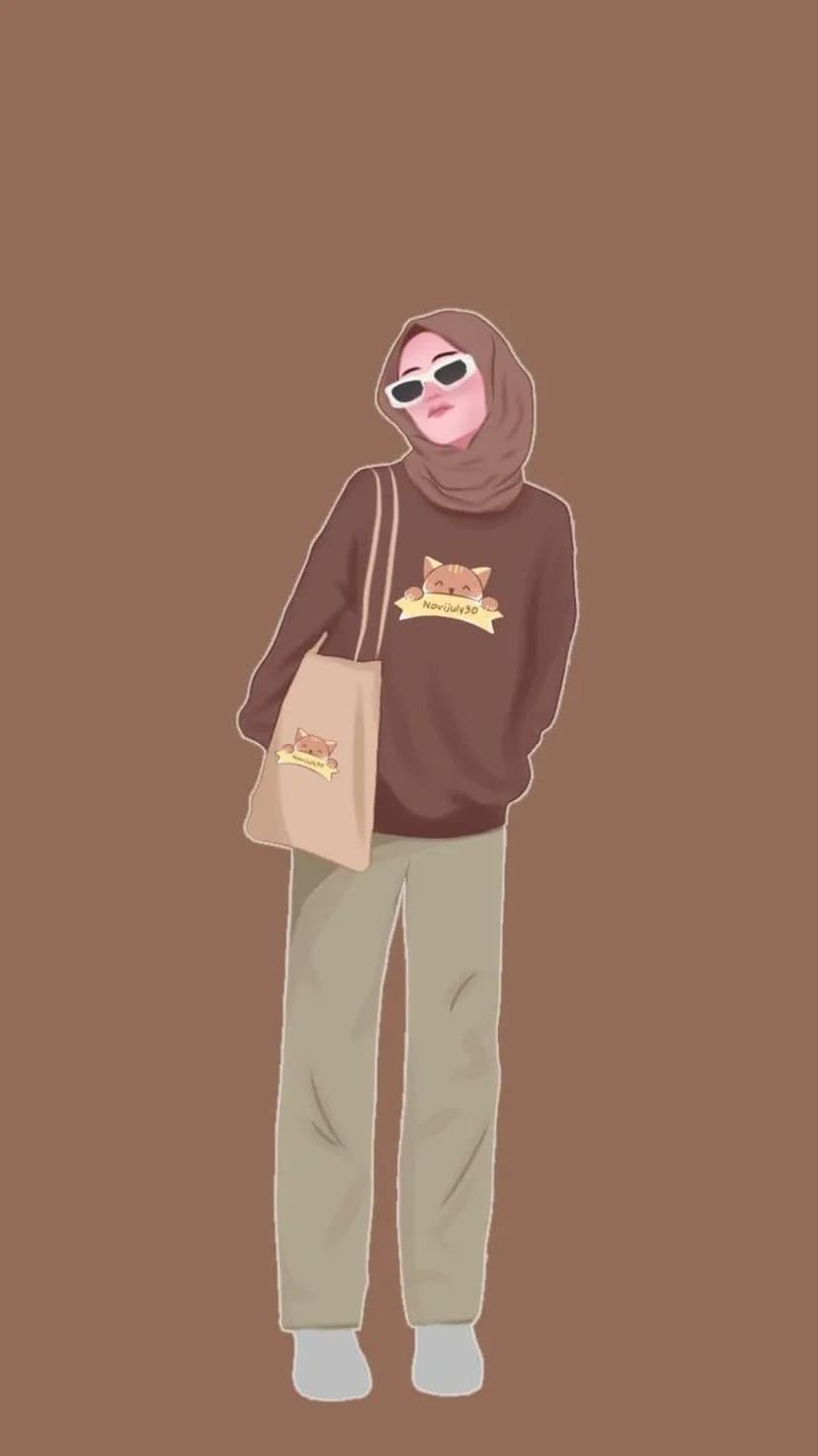 Muslim girl in a brown hijab, white sunglasses, and a cat graphic hoodie carries a matching cream tote bag.