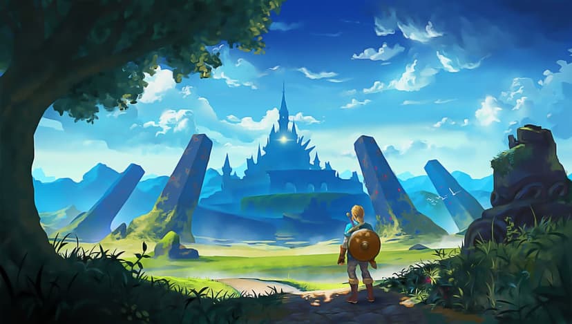 Hero overlooking a grand blue castle surrounded by stone pillars in a lush green valley under a bright sky.