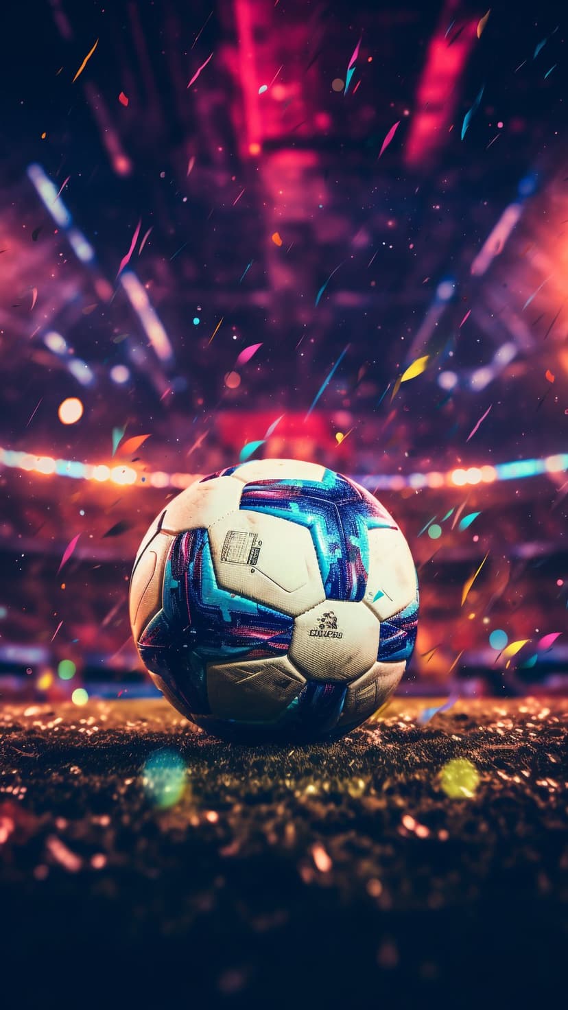 Soccer ball on a grassy field with blurred stadium lights and colorful confetti falling in the background.