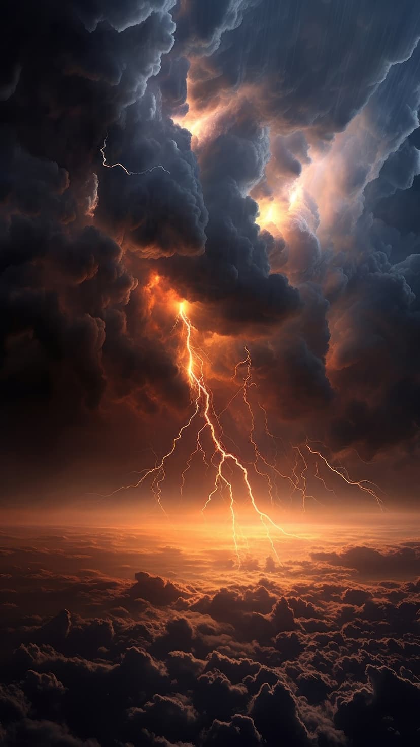 Jagged lightning bolt strikes through dark storm clouds glowing with a vibrant orange and fiery amber light.