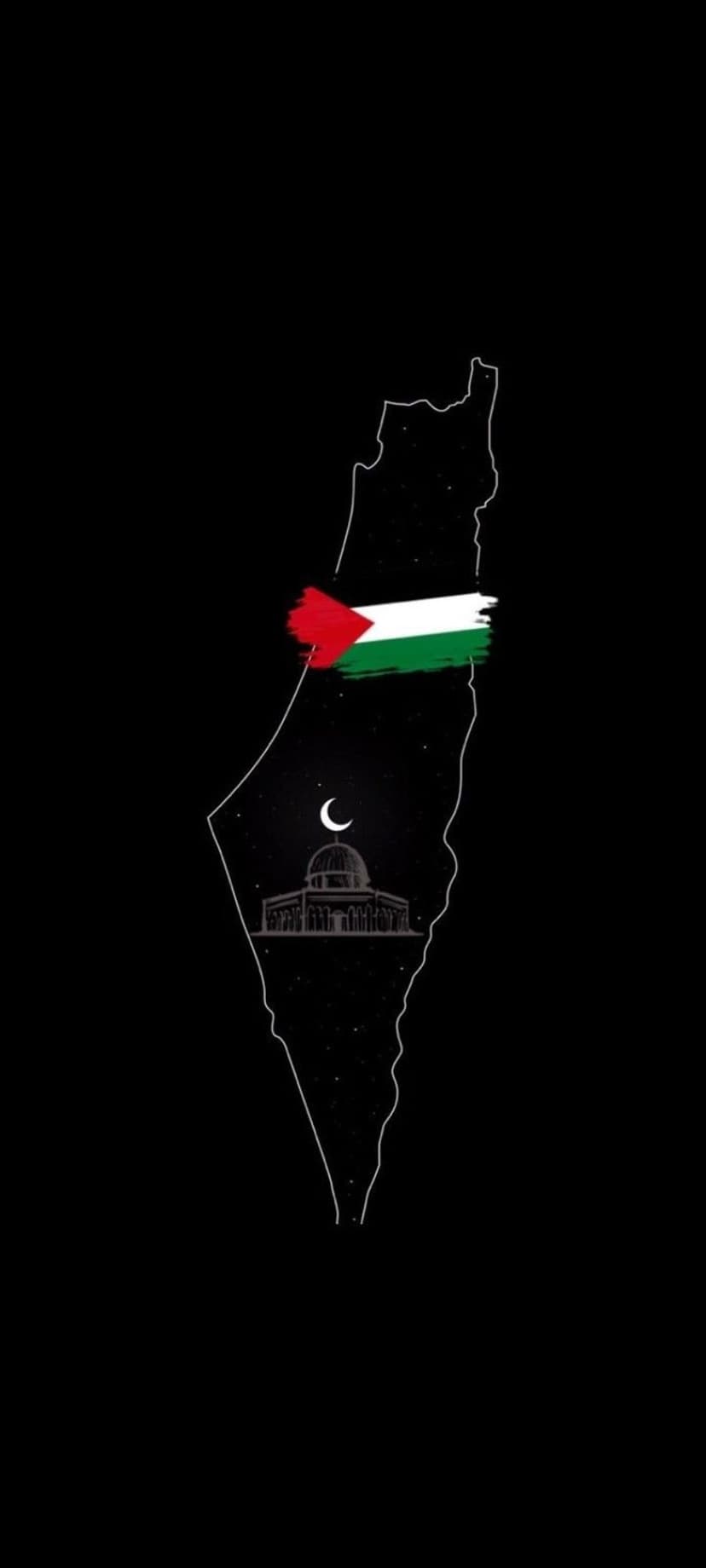 Palestinian map silhouette featuring red white and green stripes above the Dome of the Rock under a night sky.