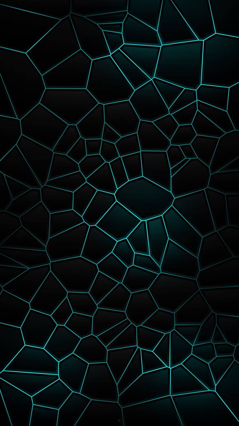Teal neon lines trace the edges of dark interconnected polygons to create a glowing three-dimensional geometric web.