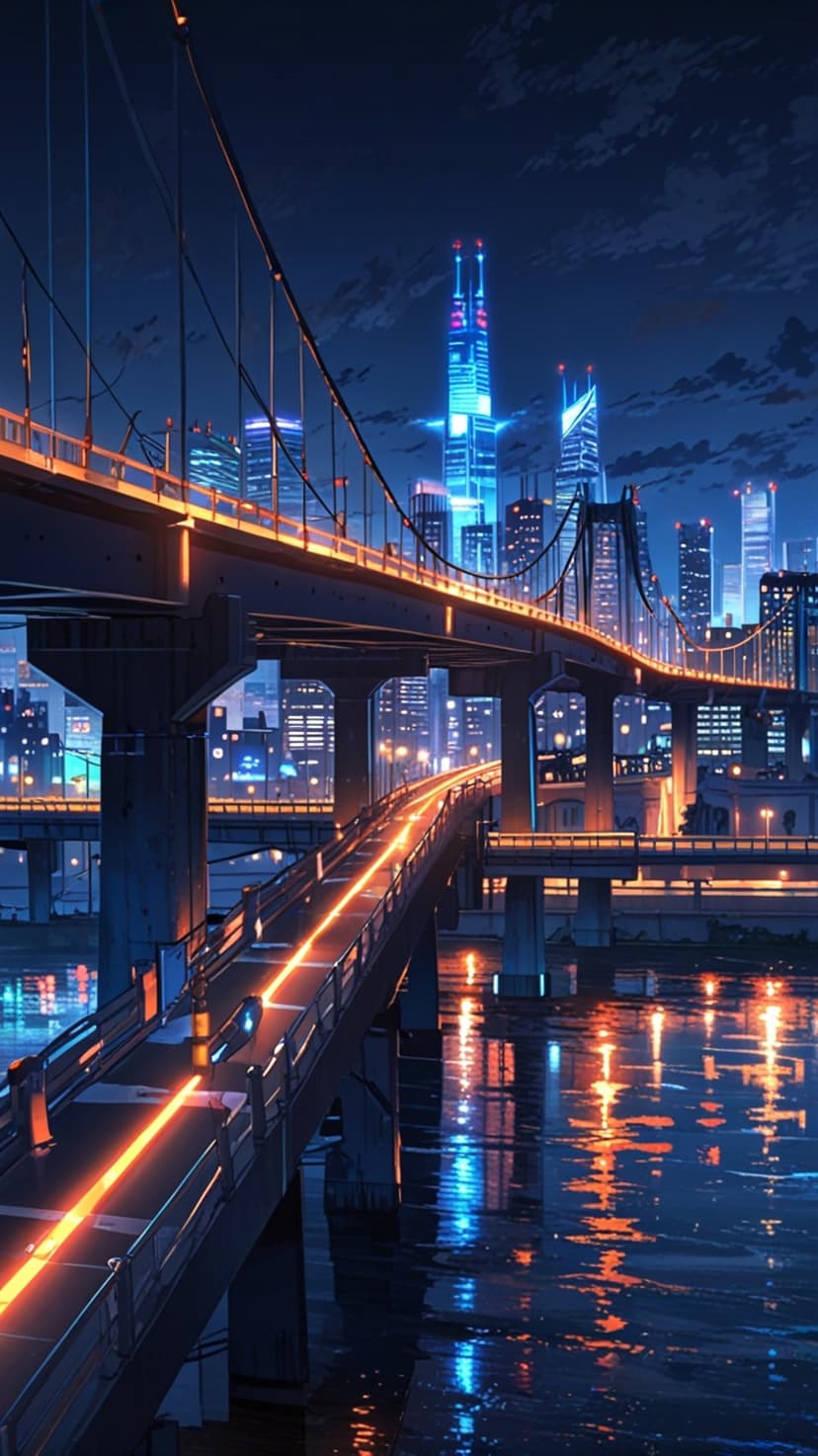Multi-level bridge with orange and blue neon lights over water reflecting a tall metropolitan skyline at night.
