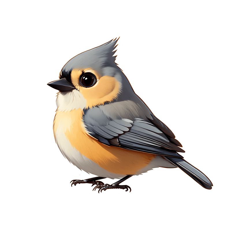 gray yellow titmouse bird with a prominent crest features a 3d glossy finish and a clean white die-cut outline.