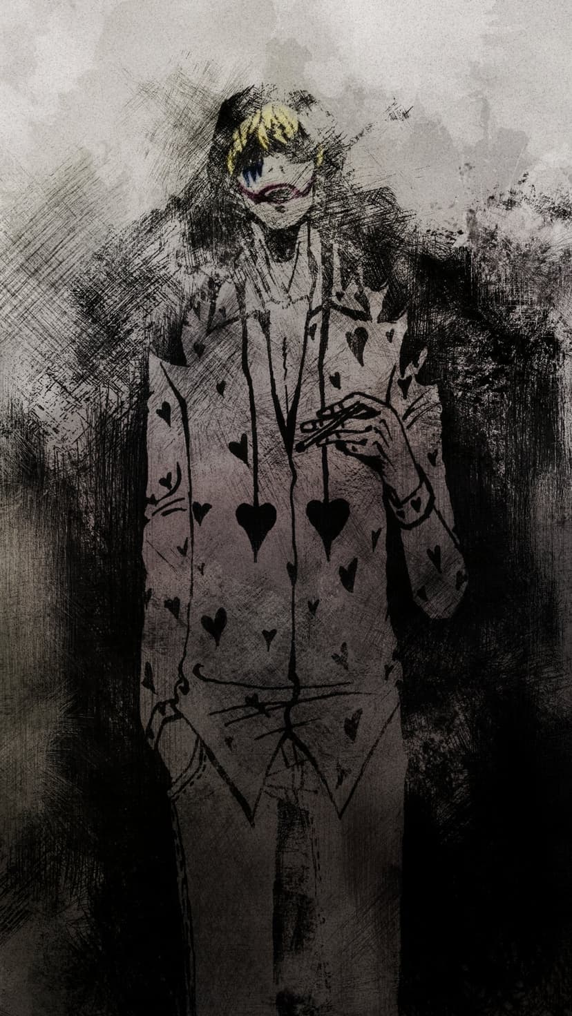 Donquixote Rosinante smiling faintly under a dark hat in a textured grayscale sketch with obscured eyes.