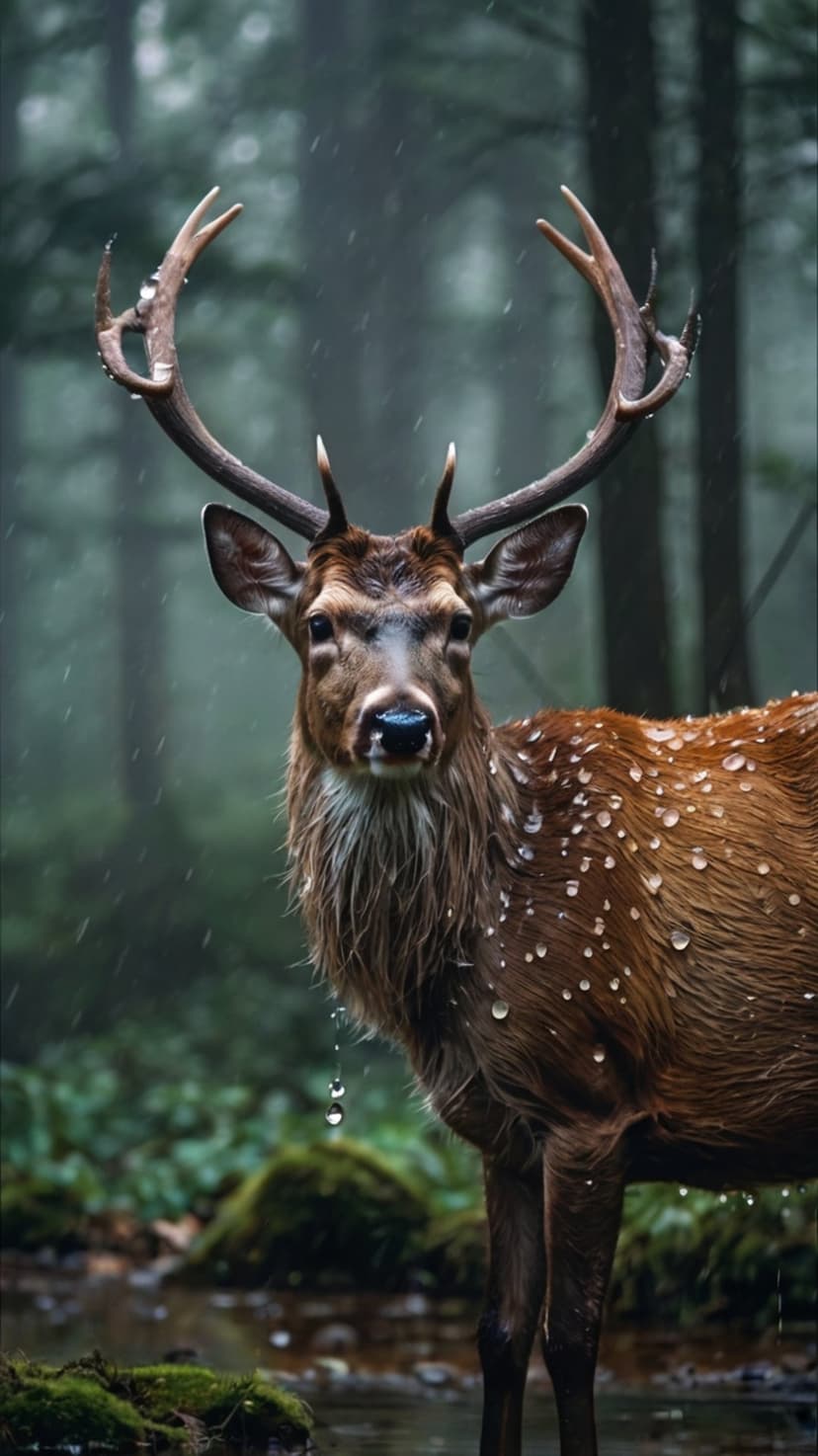 Majestic stag with rain-drenched antlers stands in a misty forest, creating a moody and tranquil wilderness scene.