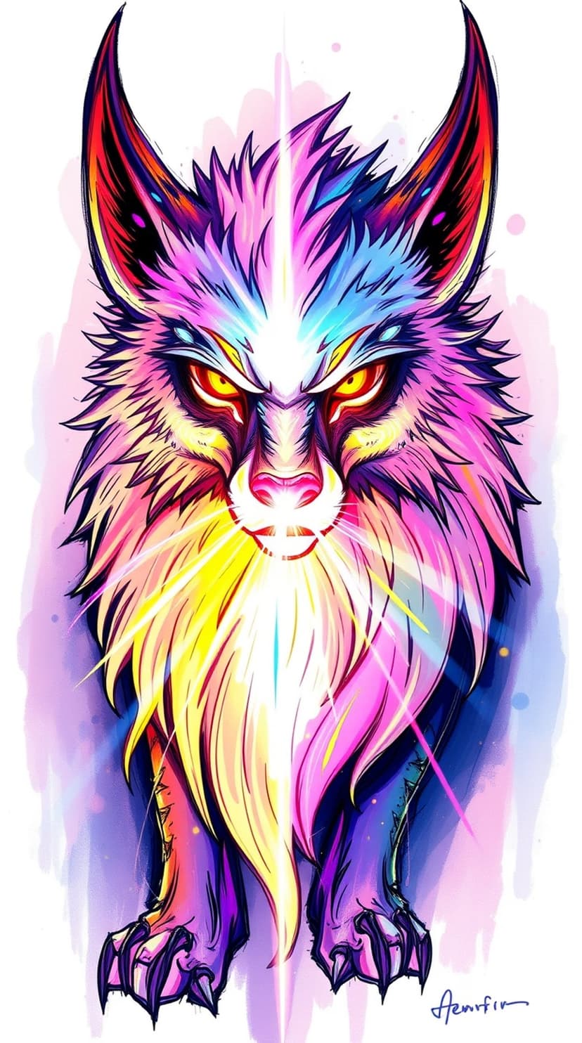 Wolf face with split neon pink and blue fur, glowing yellow eyes, and sharp claws against a dark background.