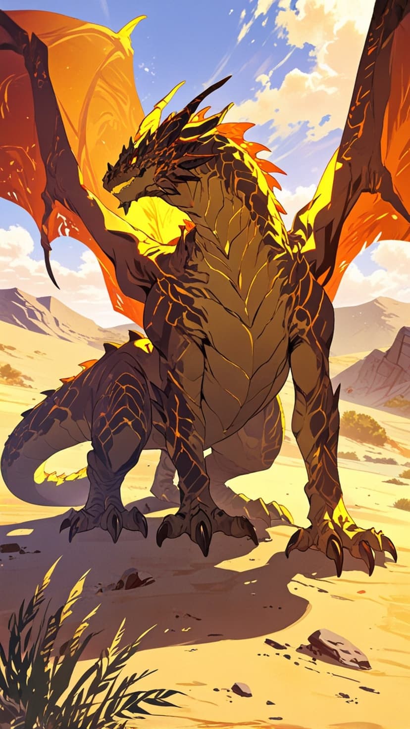 Dark-scaled dragon with fiery orange wings stands on sunlit desert dunes beneath a bright and cloudy sky.
