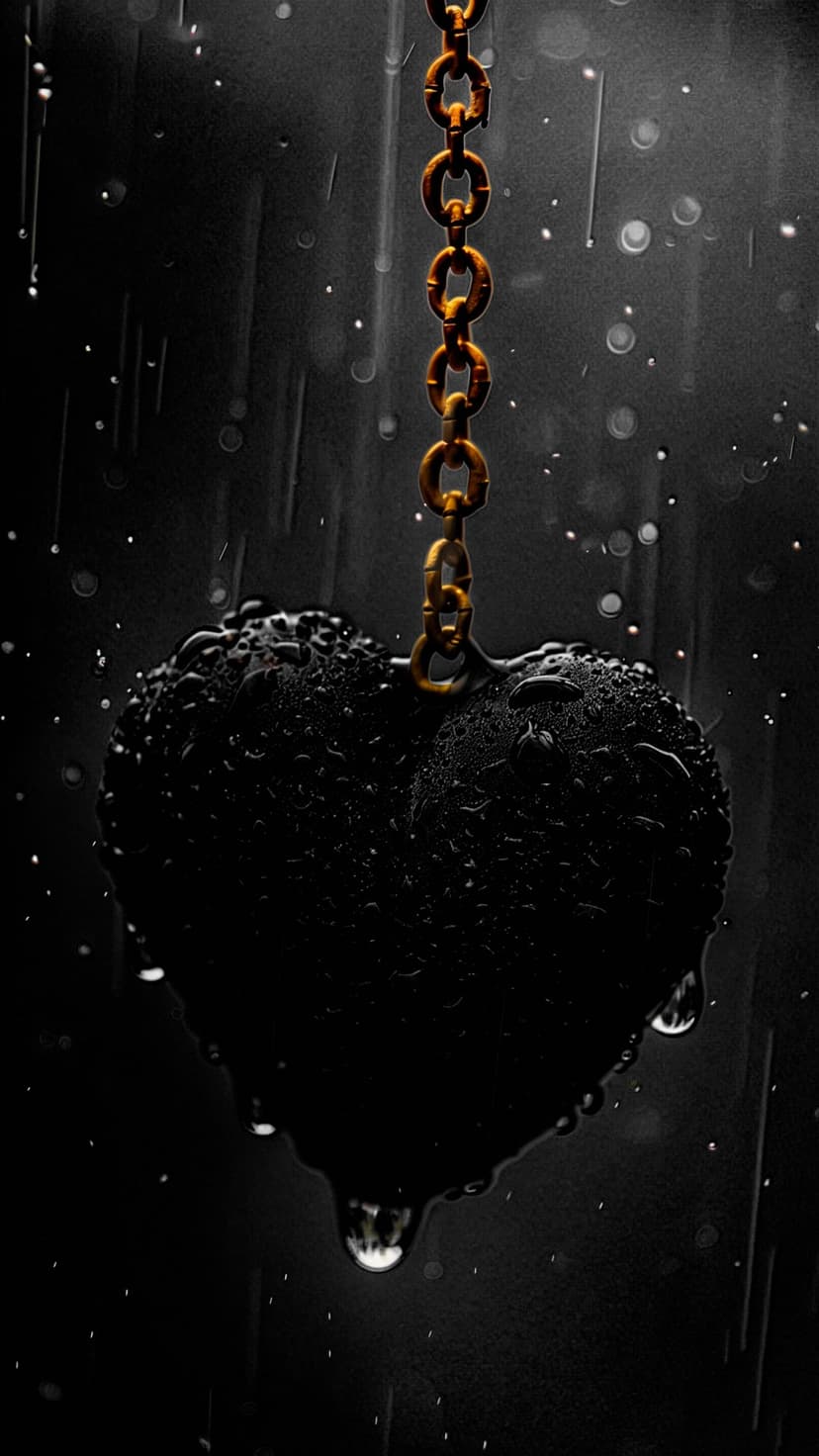 Black heart ornament covered in clear raindrops hangs from a thin gold chain against a dark rainy backdrop.