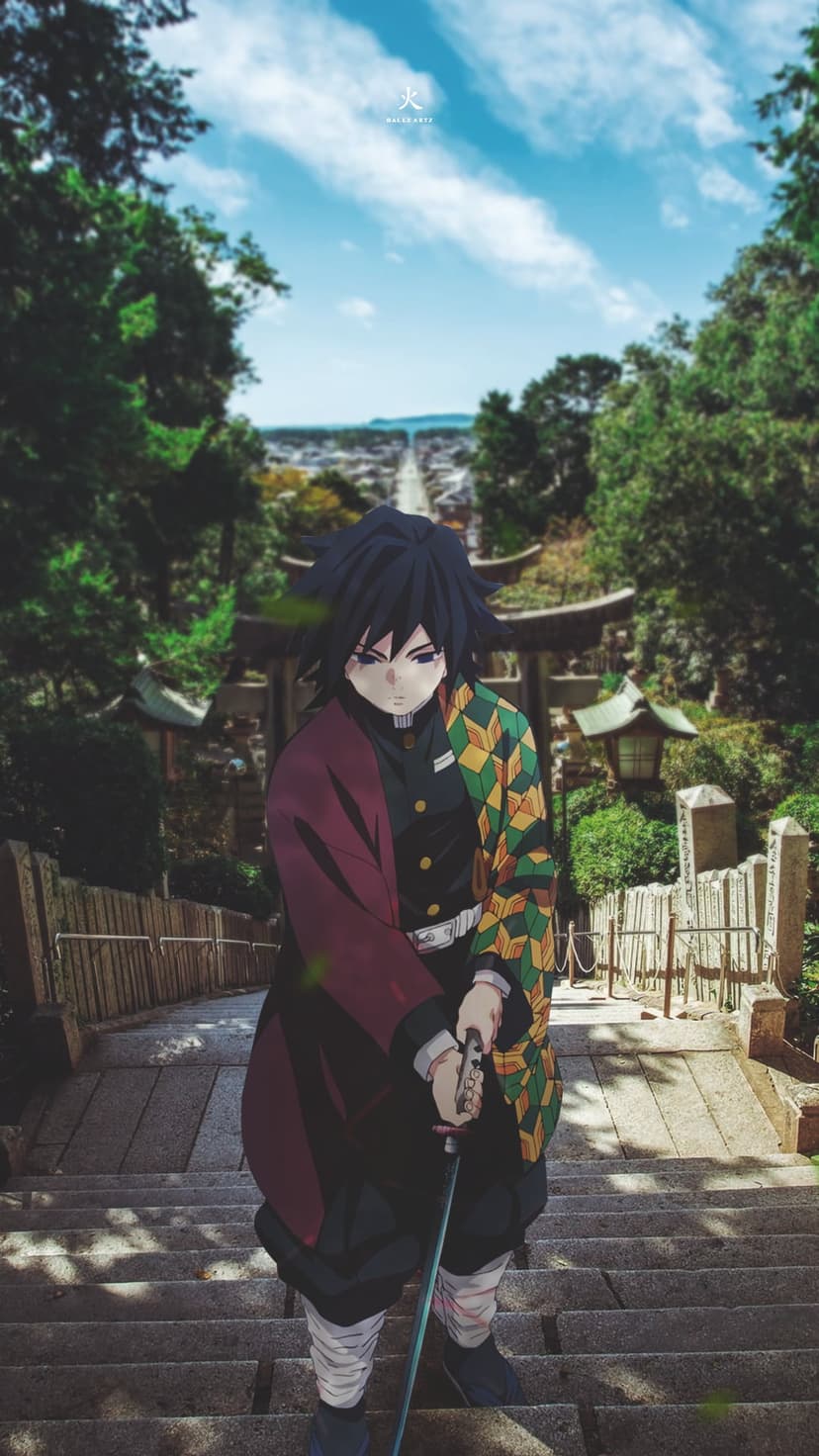 Swordsman in a patterned haori stands on stone temple steps holding a katana near a red torii gate and lush forest.