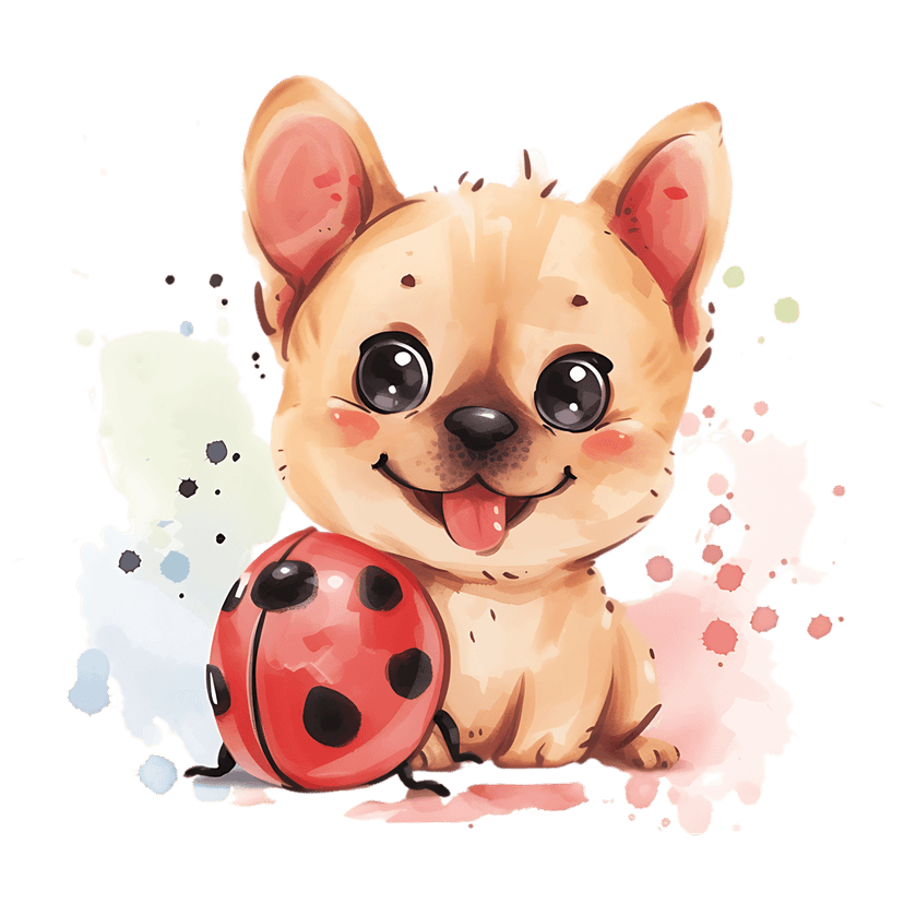 Watercolor puppy illustration sitting next to a red ladybug with soft pastel paint splatters on white background.