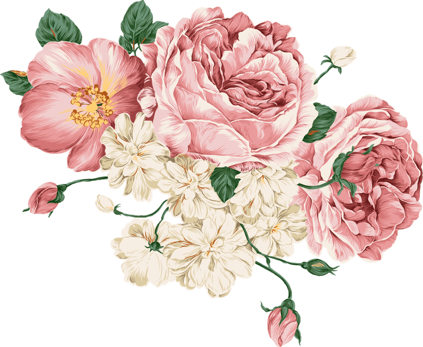 Floribunda rose watercolor painting features pink blossoms and green leaves arranged on a transparent background.