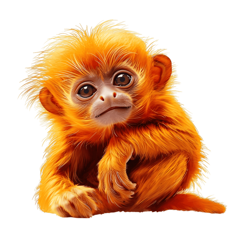 Golden lion tamarin monkey with bright orange fur and brown eyes sits in a front-facing portrait composition.