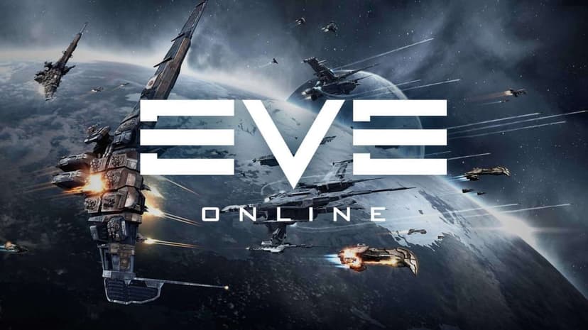 EVE Online logo over spaceships engaging in a large battle near a massive planet in deep space.