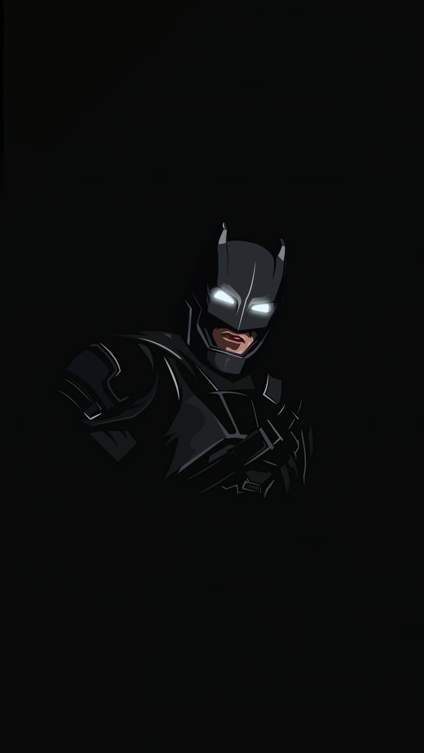 Batman wearing a black armored cowl with glowing white eyes and dramatic shadows on his muscular chest plate.