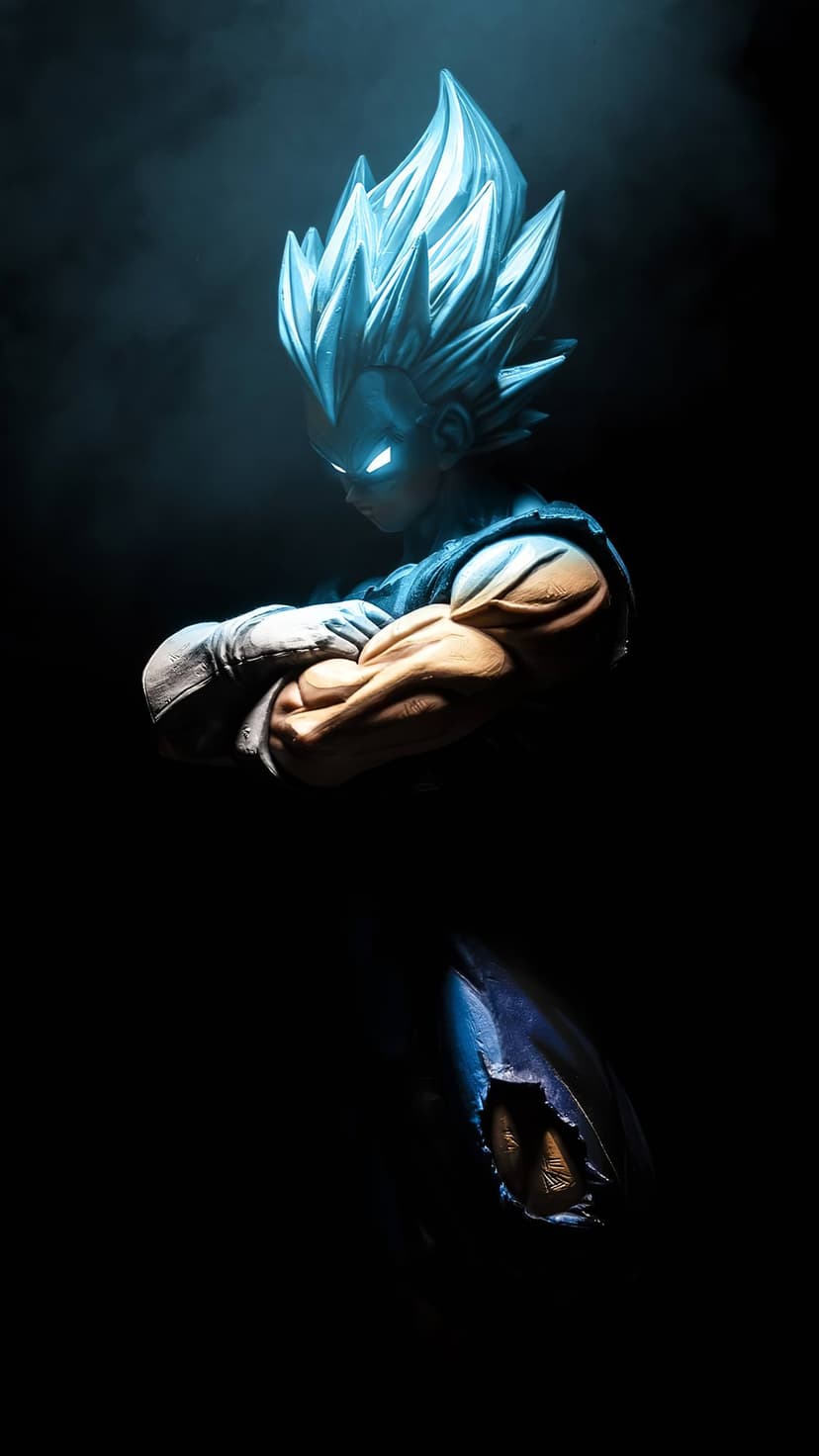 Vegeta with glowing cerulean eyes and a subtle blue aura stands centered against a deep black background.