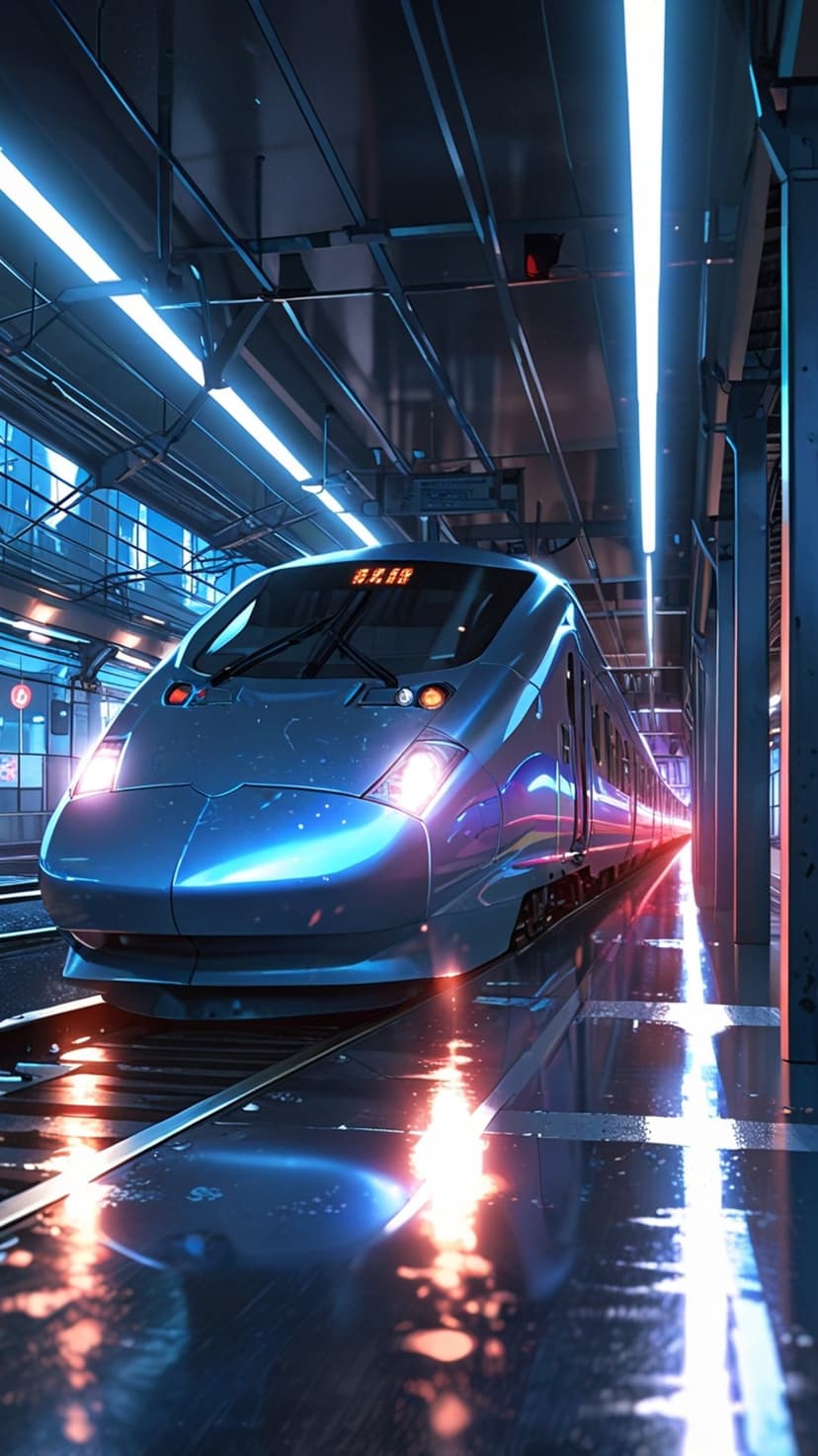 Blue futuristic train glides along a wet, neon-lit platform in a dark, moody cyberpunk station at night.